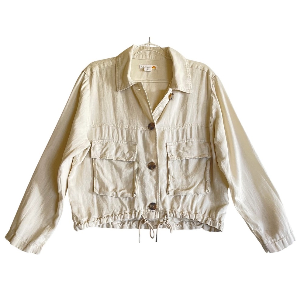 C&C California Utility Jacket Women L Linen Blend Cream Lightweight Field Boho